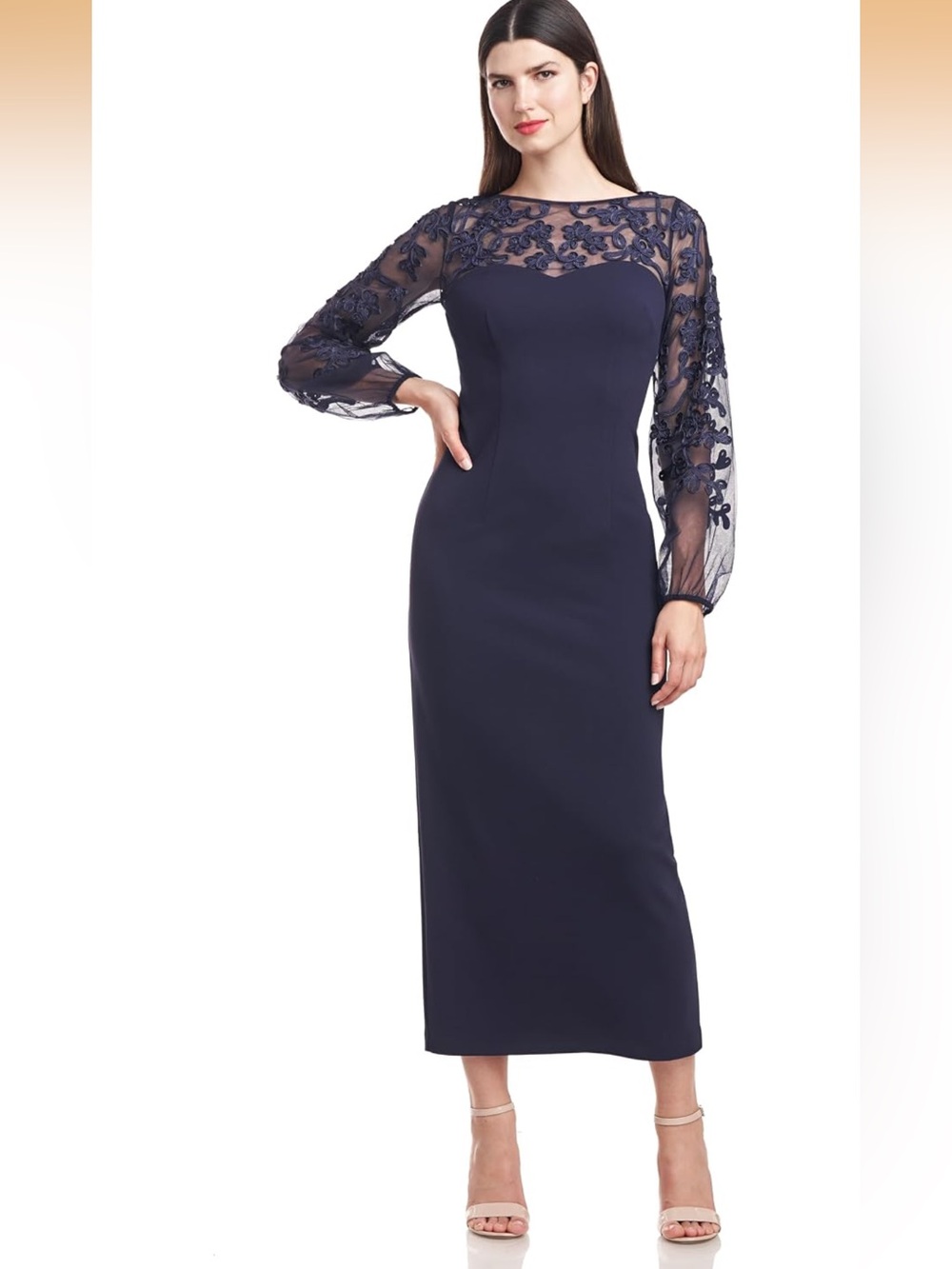 JS Collections Navy Long-Sleeve Illusion Lace Evening Gown